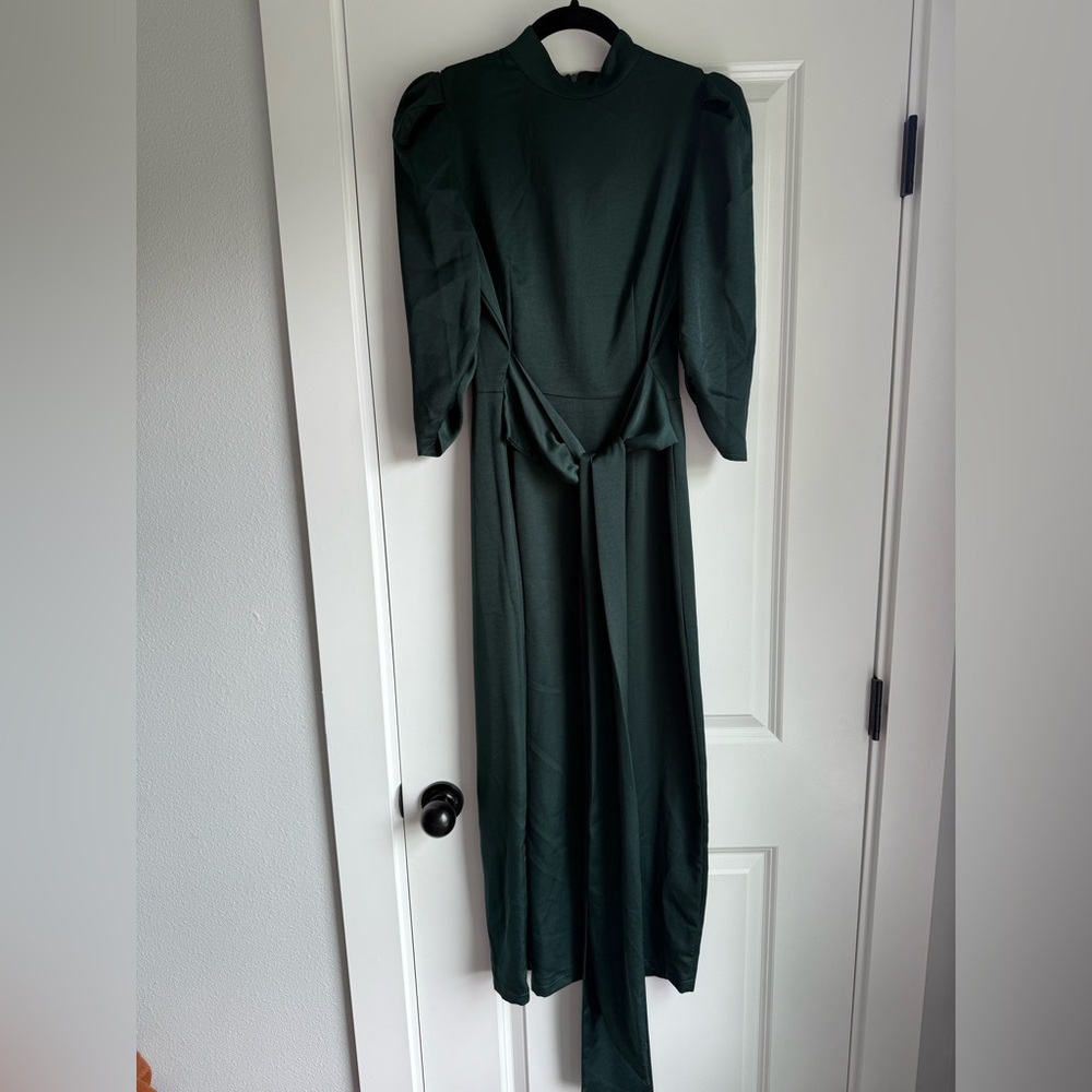 SHEIN Dark Green Long Sleeve Maxi Dress with Tie Waist